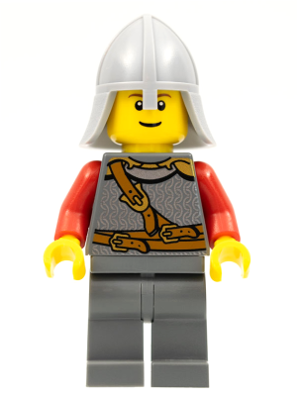 Kingdoms - Lion Knight Scale Mail with Chest Strap and Belt, Helmet with Neck Protector, Reddish Brown Eyebrows, Thin Grin (cas478b)