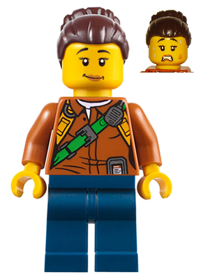 City Jungle Explorer Female - Dark Orange Shirt with Green Strap, Dark Blue Legs, Dark Brown Hair Female Large High Bun (cty0796)