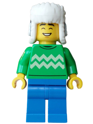 Customer Hot Chocolate Stand - Male, Bright Green Sweater with Bright Light Yellow Zigzag Lines, Blue Legs, Dark Blue Ushanka Hat (hol395)