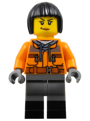 Train Worker Samantha - Orange Jacket, Dark Bluish Gray Legs with Black Boots, Black Bob Cut Hair (bdp125)