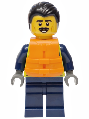 Police - City Officer Male, Neon Yellow Safety Vest, Dark Blue Legs, Black Combed Back Hair, Orange Life Jacket, Moustache (cty1922)