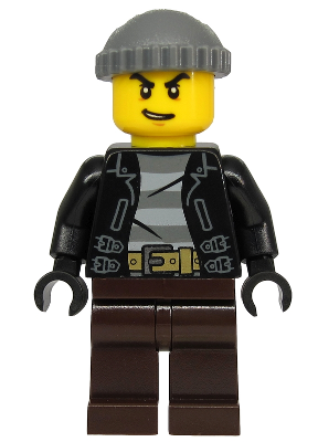 Police - City Bandit Crook, Black Leather Jacket, Dark Bluish Gray Knit Cap, Dark Brown Legs (cty1133)