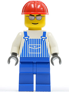 Overalls Striped Blue with Pocket, Blue Legs, Red Construction Helmet, Silver Glasses and Eyebrows (ovr030)