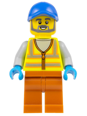 Recycling Worker - Male, Neon Yellow Safety Vest with Reflective Stripes, Dark Orange Legs, Blue Cap (cty1521)
