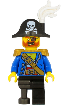 Pirate Captain - Bicorne Hat with Skull and White Plume, Pearl Gold Epaulettes, Blue Open Coat, Black Leg and Pearl Dark Gray Peg Leg (pi185)