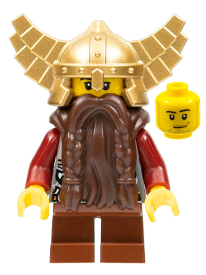 Fantasy Era - Dwarf, Dark Brown Beard, Metallic Gold Helmet with Wings, Dark Red Arms, Smirk and Stubble Beard (cas356)