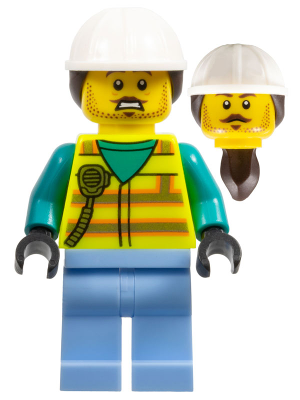 Utility Worker - Male, Neon Yellow Safety Vest with Radio, Bright Light Blue Legs, White Construction Helmet with Dark Brown Ponytail Hair, Moustache, Stubble (cty1547)
