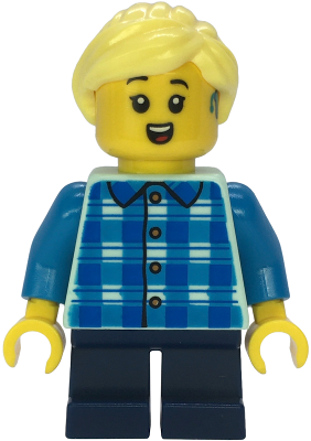 Child - Girl, Blue and Dark Azure Plaid Shirt, Dark Blue Short Legs, Bright Light Yellow Ponytail, Hearing Aid (cty1850)