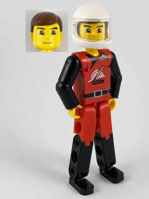 Technic Figure Red/Black Legs, Red Top, Brown Hair (Fireman), White Helmet (tech009a)