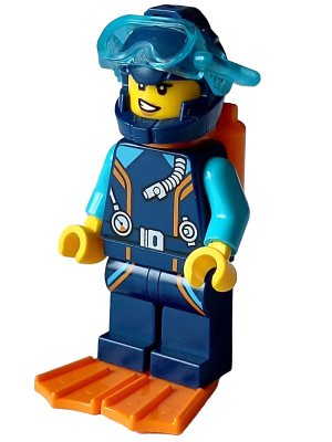 Arctic Explorer Diver - Female, Dark Blue Diving Suit and Helmet, Orange Air Tanks and Flippers, Trans-Light Blue Diver Mask, Lopsided Smile (cty1640)