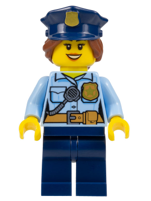 Police - City Officer Female, Bright Light Blue Shirt with Badge and Radio, Dark Blue Legs, Dark Blue Police Hat (cty1146)