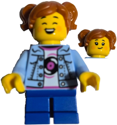 LEGO Brand Store Customer - Girl, Bright Light Blue Denim Jacket over Shirt with Record, Blue Short Legs, Dark Orange Hair (tls126)
