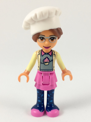 Friends Olivia (Nougat) - Dark Pink Skirt and Dark Blue Leggings, Sand Green Sweater with Bright Yellow Jacket, White Chef Toque with Hair (frnd0295)