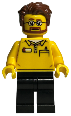 LEGO Store Employee, Black Legs, Beard and Glasses, Reddish Brown Tousled Hair (bdp053)
