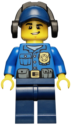 Police - City Officer, Gold Badge, Dark Blue Cap with Hole, Headphones, Lopsided Grin (cty0464)