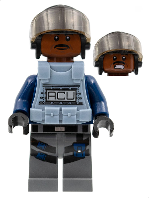 ACU Trooper - Male, Black Aviator Cap with Trans-Brown Visor, Reddish Brown Head, Sand Blue Body Armor Vest (jw013)