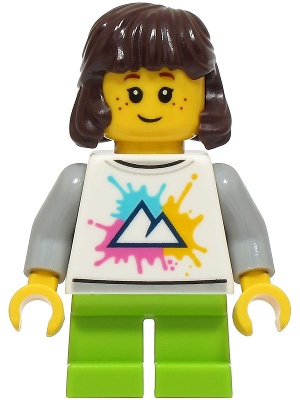Child - Girl, White Shirt with Mountains Logo, Lime Short Legs, Dark Brown Hair (cty1927)