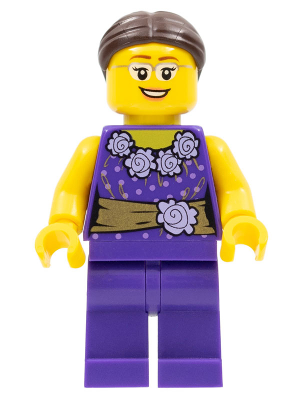 LEGOLAND Park Female, Dark Purple Blouse with Gold Sash and Flowers, Dark Brown Hair (LLP005)