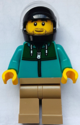 Stunt Driver - Male, Dark Turquoise Jacket with Dark Green Panel, Dark Tan Legs, Black Helmet, Trans-Clear Visor (cty2003)