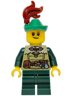 Mushroom Village - Male, Olive Green Tunic, Dark Green Medium Legs, Green Hat, Dark Red Plume (bdp248)