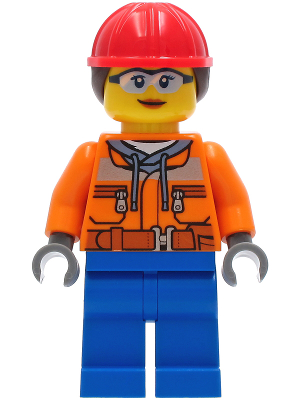 Construction Worker - Female, Orange Safety Jacket, Reflective Stripe, Sand Blue Hoodie, Blue Legs, Red Construction Helmet with Dark Brown Ponytail Hair, Safety Glasses (cty1272)
