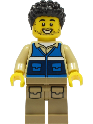 Wildlife Rescue Worker - Male, Blue Vest with 'RESCUE' Pattern on Back, Dark Tan Legs with Pockets, Black Hair (cty1306)