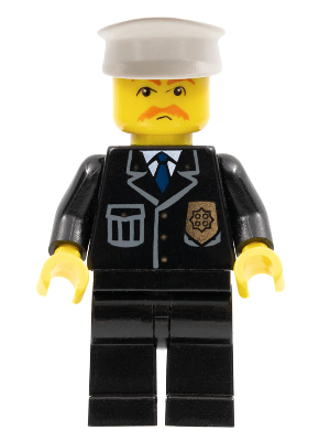 Police - City Suit with Blue Tie and Badge, Black Legs, Brown Moustache, White Hat (cty0128)