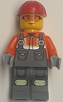 Construction Worker - Male, Dark Bluish Gray Overalls over Reddish Orange Safety Jacket with Reflective Stripes, Dark Bluish Gray Legs with Knee Pads, Red Construction Helmet, Safety Glasses (cty1862)