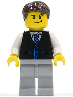 Black Vest with Blue Striped Tie, Light Bluish Gray Legs, White Arms, Dark Brown Short Tousled Hair, Crooked Smile (cty0395)