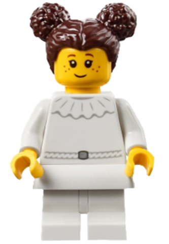 Art Factory Ballerina Student - Girl, White Dress with Ruffled Collar, White Medium Legs, Dark Brown Hair with Two Buns on Top, White Skirt (bdp271)