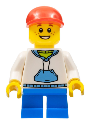 Child - Boy, White Hoodie with Medium Blue Pocket, Blue Short Legs, Red Cap, Freckles (cty0192)