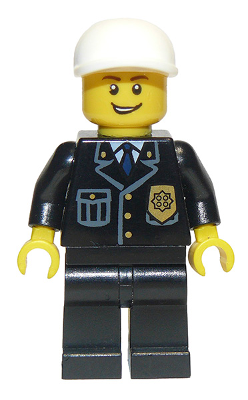 Police - City Suit with Blue Tie and Badge, Black Legs, White Short Bill Cap, Open Grin (cty0210)