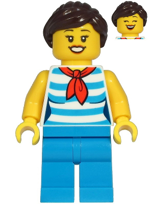 Diner Employee - Female, Dark Azure and White Striped Shirt with Red Scarf, Dark Azure Legs, Dark Brown Ponytail (cty1213)