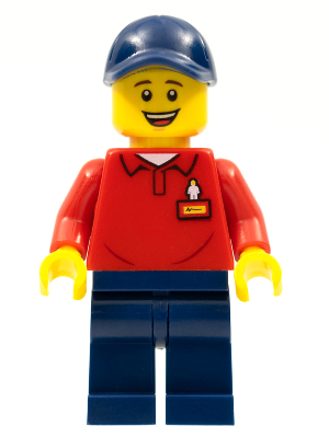 LEGOLAND Park Worker Male, Smiling, Dark Blue Hat, Red Polo Shirt with 'LEGOLAND' on Back and Dark Blue Legs (LLP019)