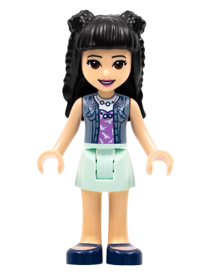 Friends Emma - Aqua Skirt, Sand Blue Vest, Black Hair with Braid Buns and Flower (frnd0482)