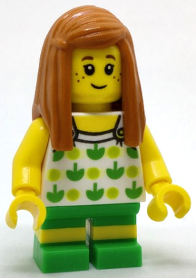 Child - Girl, White Halter Top with Green Apples and Lime Spots, Bright Green Short Legs with Molded Yellow Stripes, Dark Orange Long Hair, Freckles (cty0761)