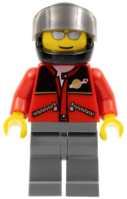 Red Jacket with Zipper Pockets and Classic Space Logo, Dark Bluish Gray Legs, Black Helmet, Silver Sunglasses (twn060)