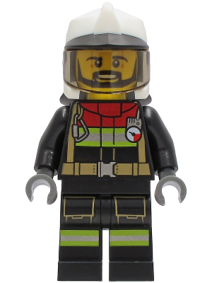 Fire - Male, Black Jacket and Legs with Reflective Stripes and Red Collar, White Fire Helmet, Trans-Brown Visor, Black Beard (cty1251)