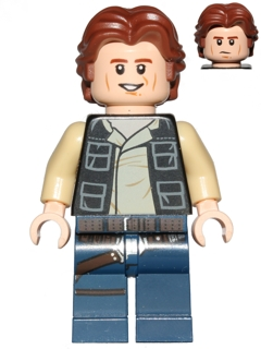 Han Solo - Black Vest with Pockets over Tan Shirt with Dark Tan Creases, Dark Blue Legs with Belts, Wavy Hair (sw0771)