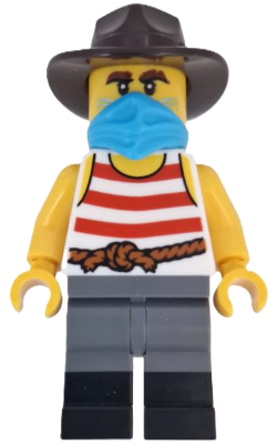 Wild West Train Bandit - Male, White Tank Top with Red Stripes, Dark Bluish Gray Legs with Black Boots, Dark Azure Bandana, Dark Brown Fedora (bdp194)