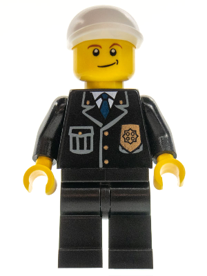 Police - City Suit with Blue Tie and Badge, Black Legs, White Short Bill Cap, Crooked Smile (cty0199)