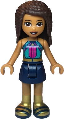Friends Andrea - Dark Turquoise Halter Top with Magenta Stripes and Dots, Dark Blue Skirt, Gold Boots and Belt (frnd0346)