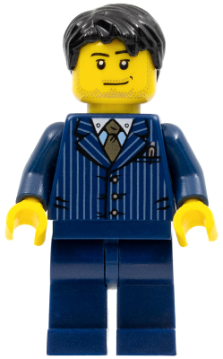 Businessman - Pinstripe Jacket and Gold Tie, Dark Blue Legs, Black Short Tousled Hair, Smirk and Stubble (hol054)