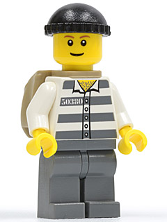 Police - Jail Prisoner 50380 Prison Stripes, Dark Bluish Gray Legs, Black Knit Cap, Thin Grin, Backpack (Undetermined Eyebrows) (cty0222)