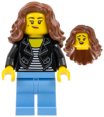 Woman - Black Jacket over Striped Shirt, Medium Blue Legs, Reddish Brown Long Hair (hol336)