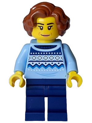 Woman - Bright Light Blue Knit Fair Isle Sweater, Dark Blue Legs, Reddish Brown Hair (hol350)