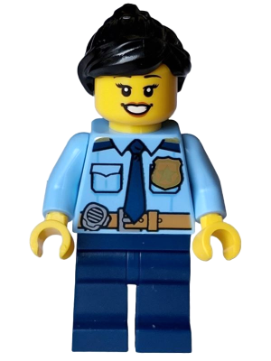 Police - City Officer Female, Shirt with Dark Blue Tie and Gold Badge, Dark Tan Belt with Radio, Dark Blue Legs, Black Ponytail (cty1589)