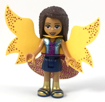 Friends Andrea - Metallic Light Blue Vest over Magenta Top, Dark Blue Skirt, Garish Butterfly Cape and Magenta Skirt, Gold Boots with Dark Blue Trim (frnd0271)