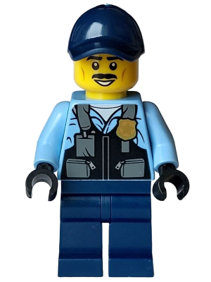 Police - City Officer Male, Safety Vest with Police Badge, Dark Blue Legs, Dark Blue Cap, Black Moustache (cty1588)