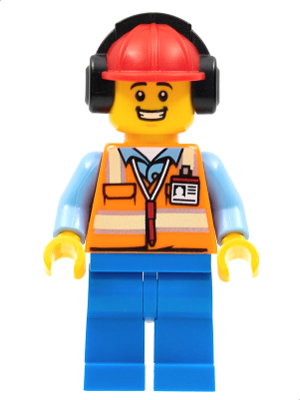 Ground Crew - Male, Orange Safety Vest with Reflective Stripes, Blue Legs, Red Construction Helmet with Black Ear Protectors / Headphones (cty1193)